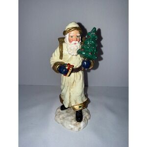 Vintage Old World Santa Claus Figurine Cream Gold Taper Candle Holder 7.5 Inch